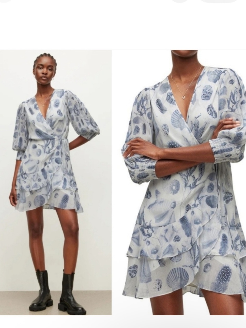 AllSaints Ari Oceano Dress Blue White Seashell Print Ruffle Midi Dress Size 12